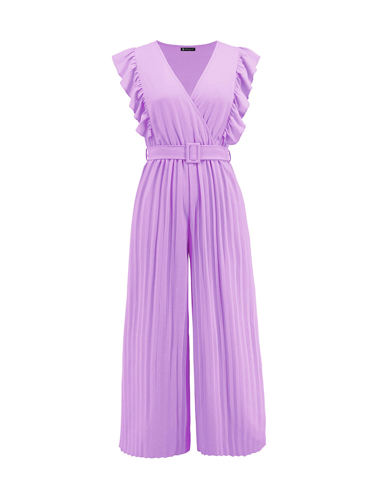 Elegant Ruffled Cap Sleeves High-Waist Pleats Belted Wide Leg Office Jumpsuits