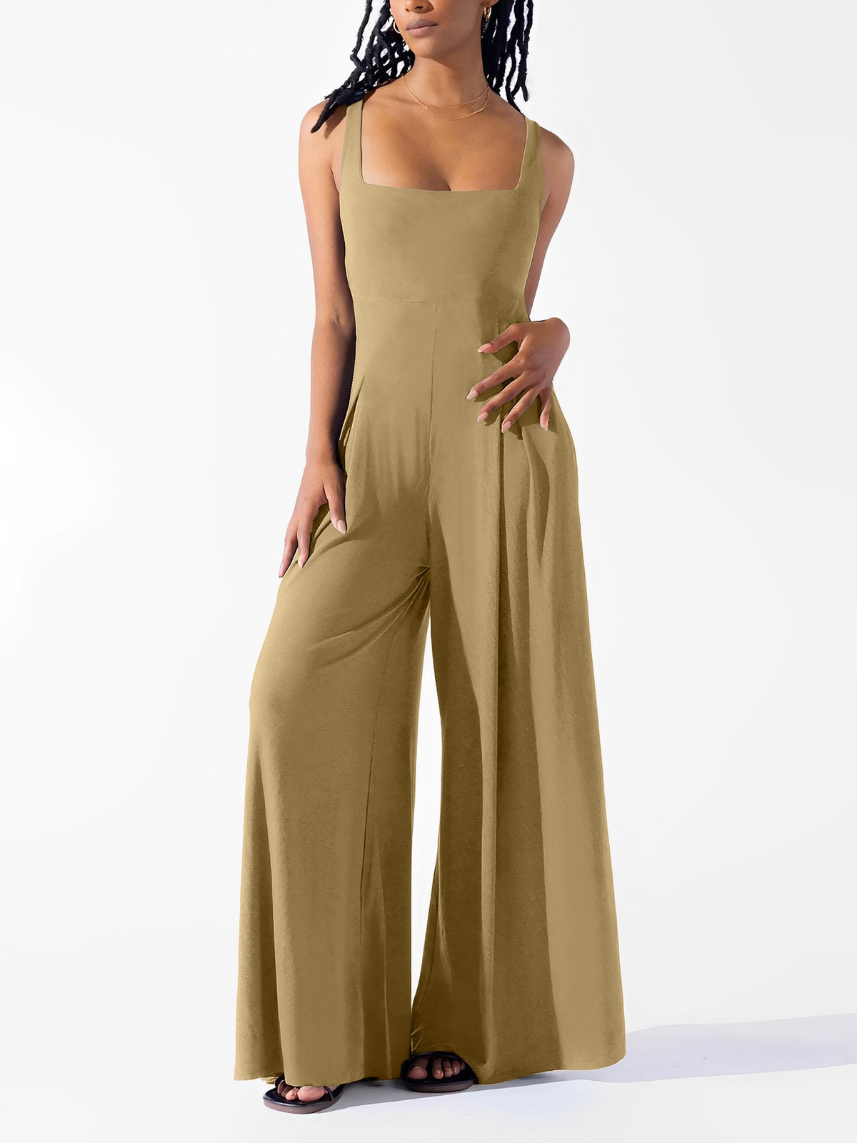 Solid Color Square Neck Sleeveless Wide Leg Jumpsuits