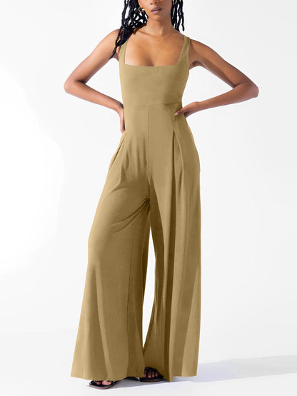 Solid Color Square Neck Sleeveless Wide Leg Jumpsuits