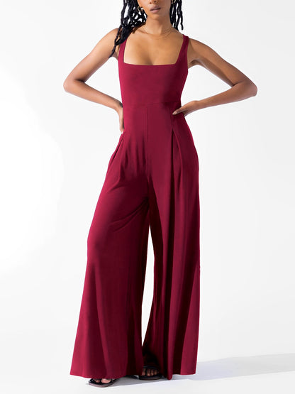 Solid Color Square Neck Sleeveless Wide Leg Jumpsuits