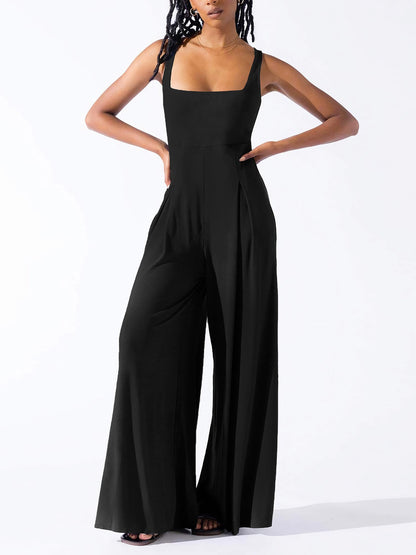 Solid Color Square Neck Sleeveless Wide Leg Jumpsuits
