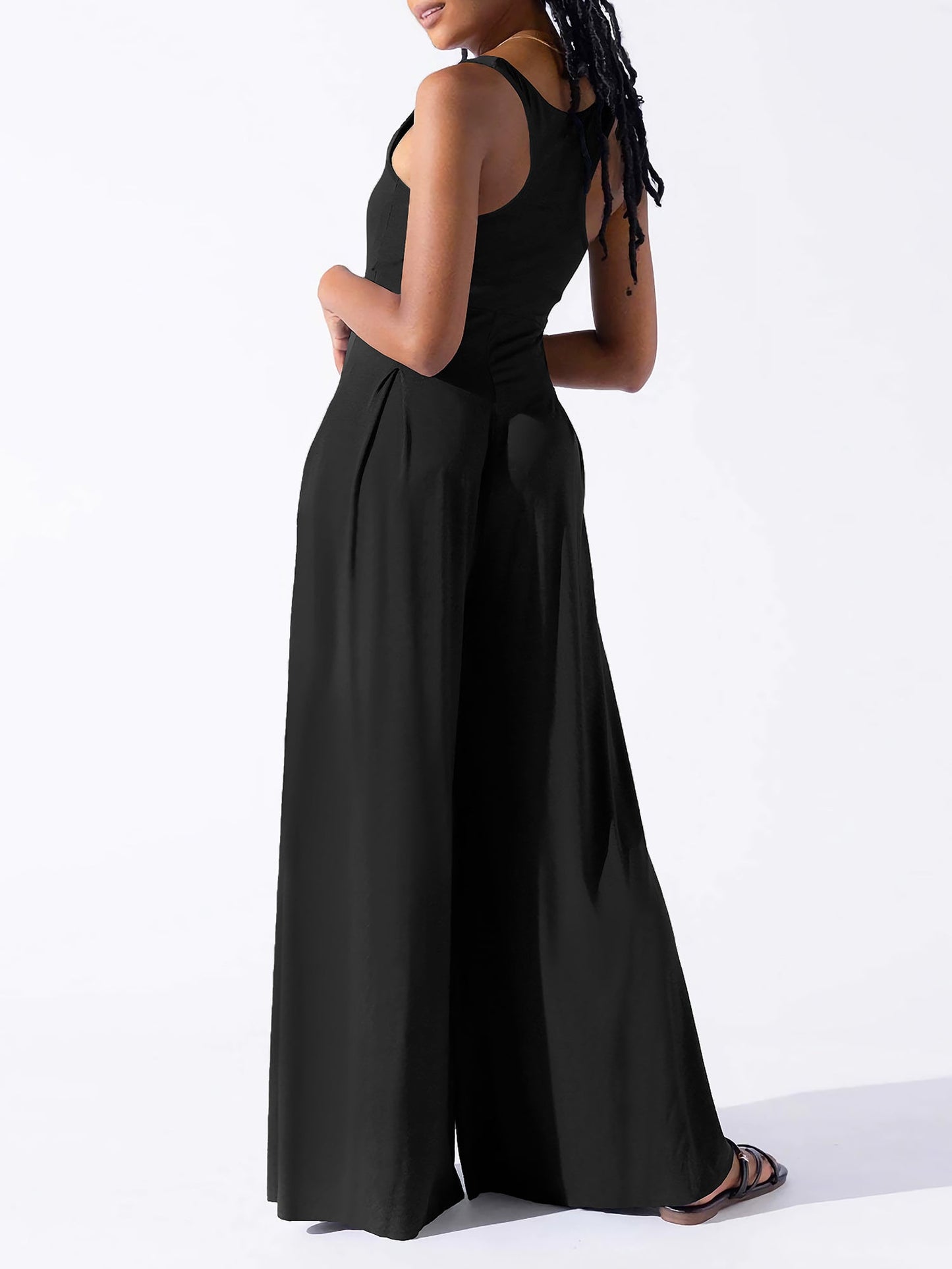 Solid Color Square Neck Sleeveless Wide Leg Jumpsuits