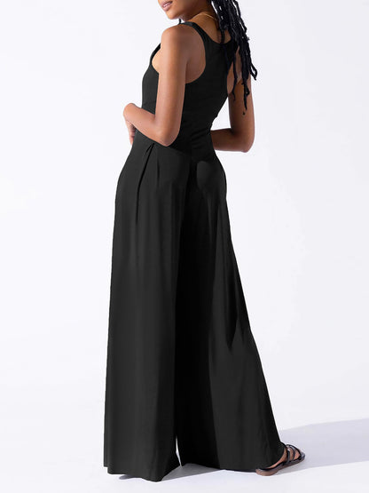 Solid Color Square Neck Sleeveless Wide Leg Jumpsuits