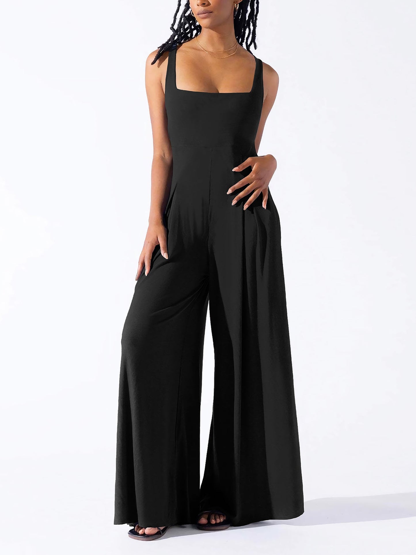 Solid Color Square Neck Sleeveless Wide Leg Jumpsuits