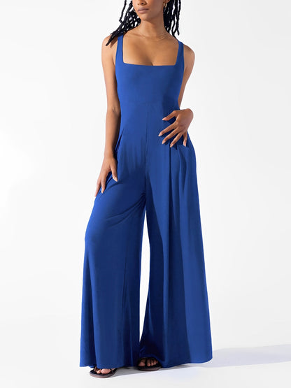 Solid Color Square Neck Sleeveless Wide Leg Jumpsuits
