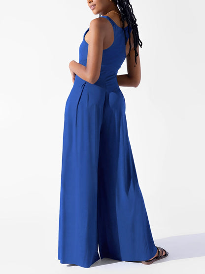 Solid Color Square Neck Sleeveless Wide Leg Jumpsuits