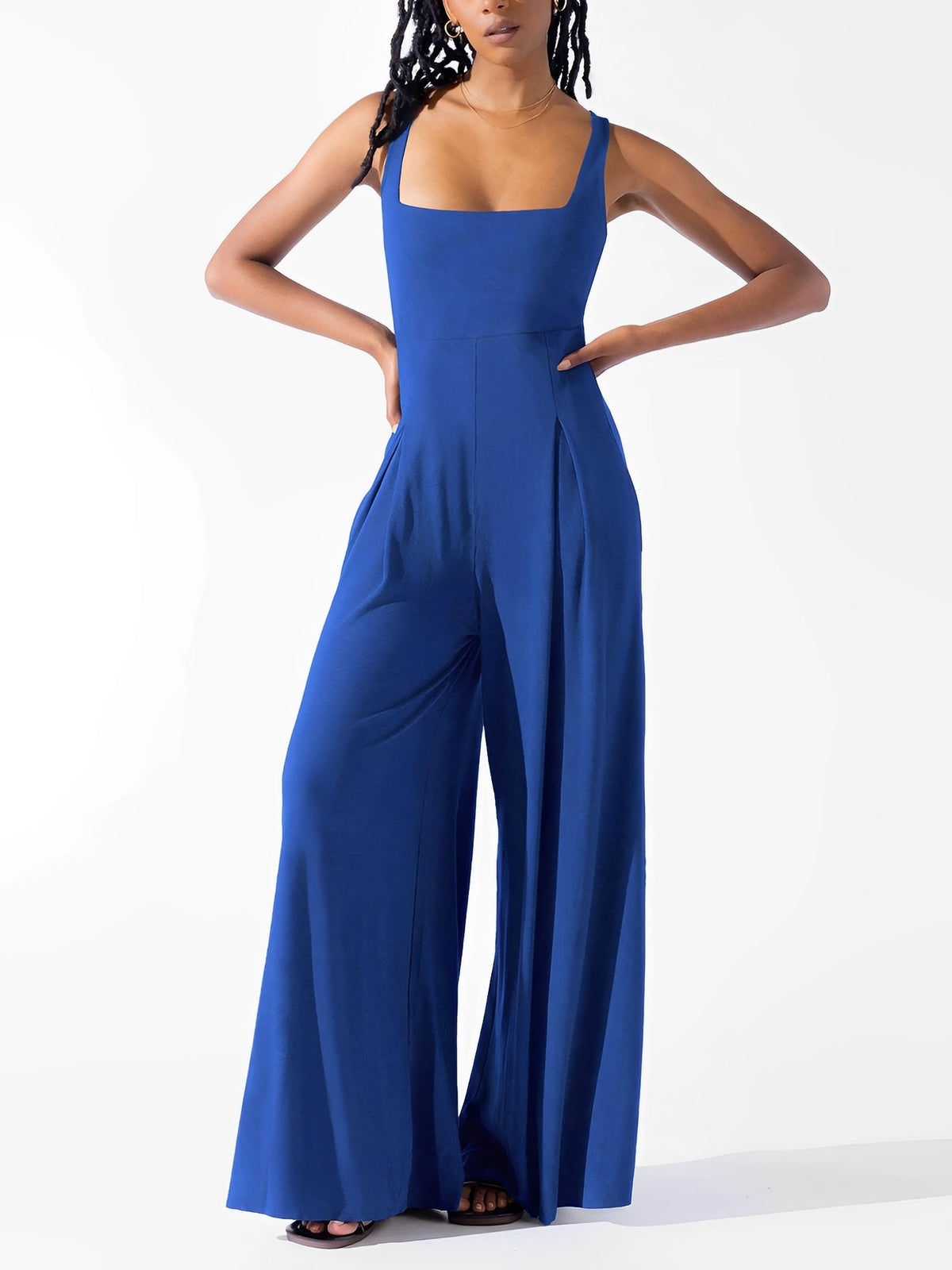 Solid Color Square Neck Sleeveless Wide Leg Jumpsuits