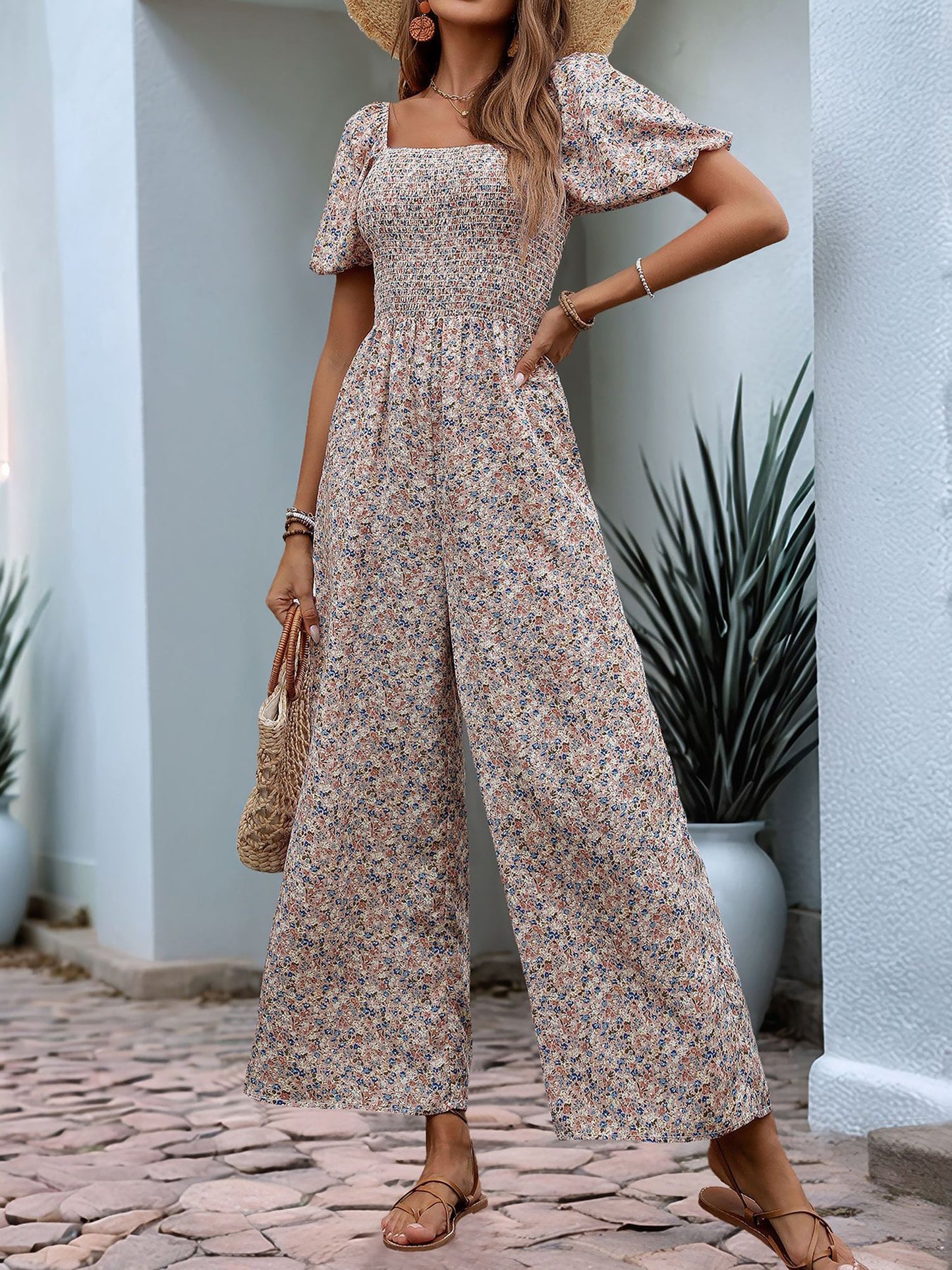 Boho-Chic Square Neck Puff Sleeve Floral Wide Leg Beach Jumpsuits