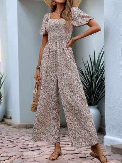 Boho-Chic Square Neck Puff Sleeve Floral Wide Leg Beach Jumpsuits