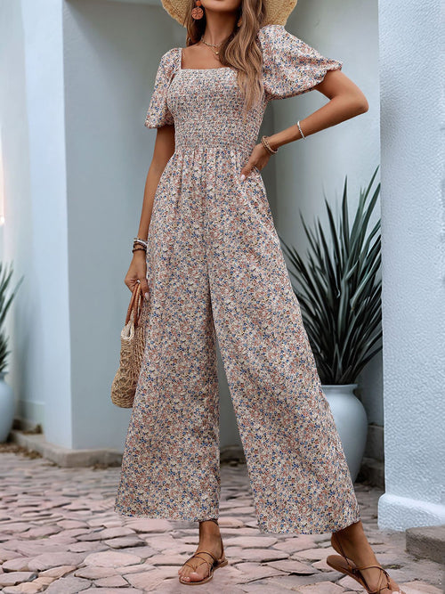 Boho-Chic Square Neck Puff Sleeve Floral Wide Leg Beach Jumpsuits