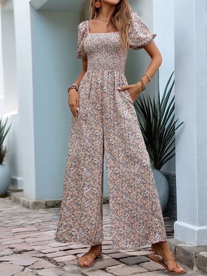 Boho-Chic Square Neck Puff Sleeve Floral Wide Leg Beach Jumpsuits