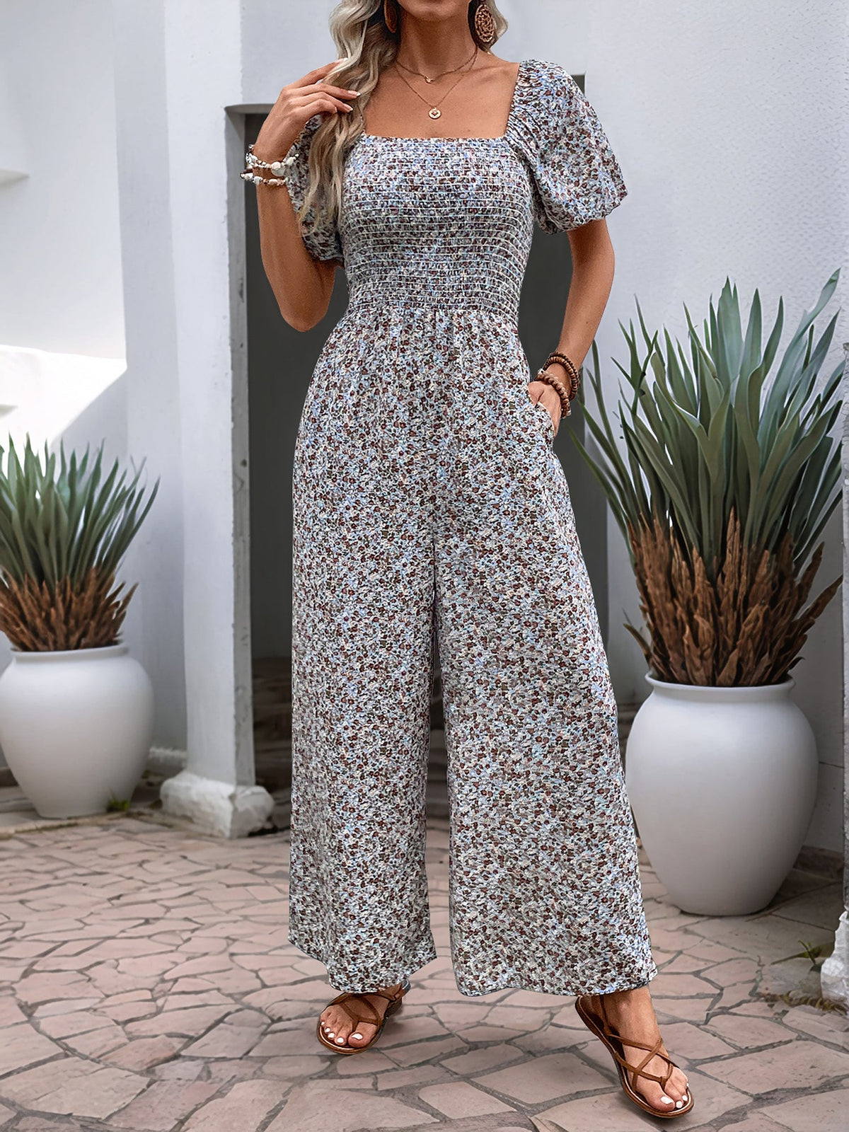 Boho-Chic Square Neck Puff Sleeve Floral Wide Leg Beach Jumpsuits