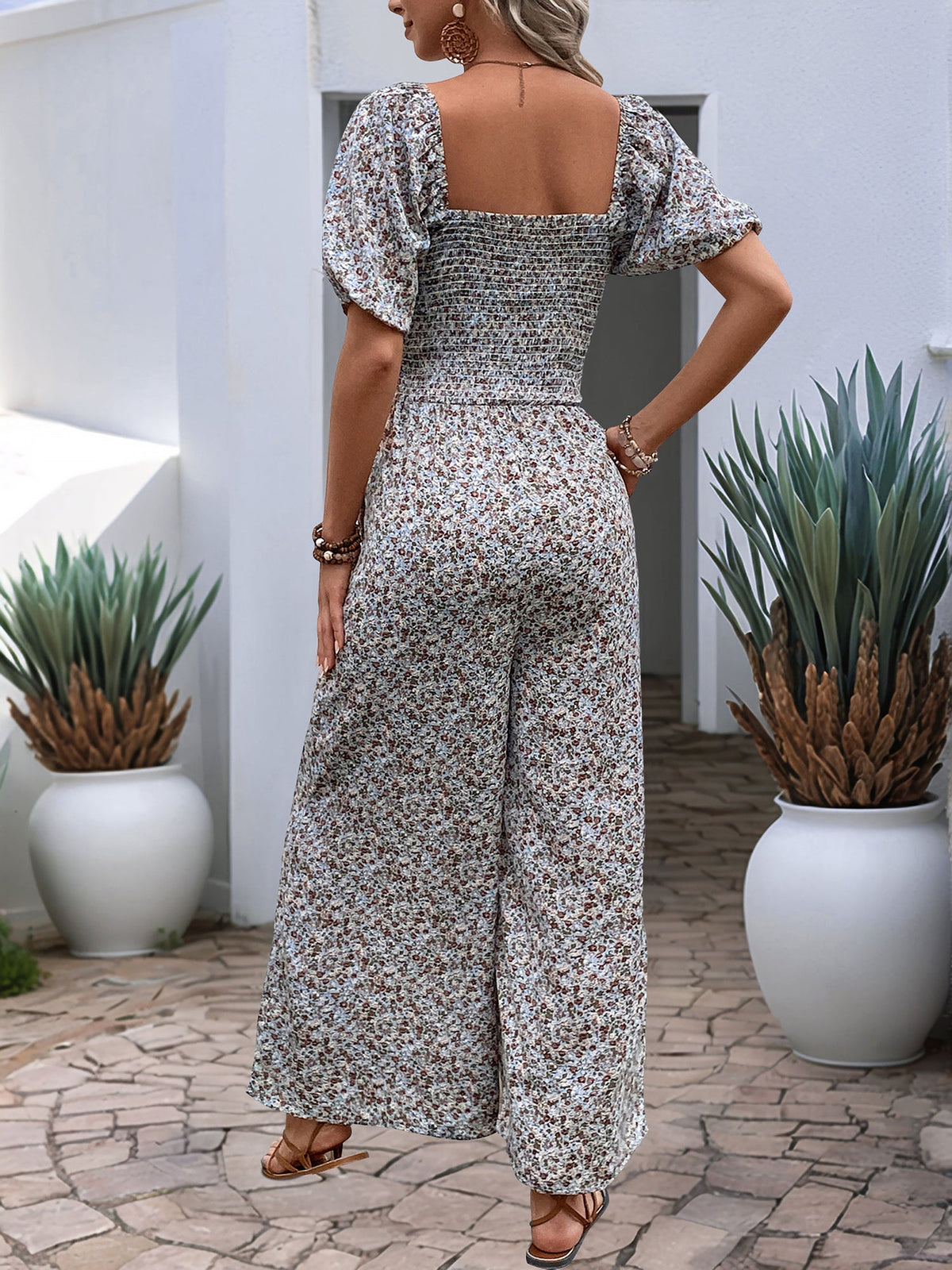 Boho-Chic Square Neck Puff Sleeve Floral Wide Leg Beach Jumpsuits