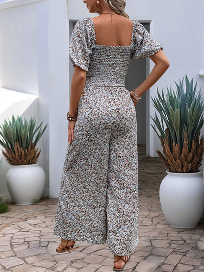 Boho-Chic Square Neck Puff Sleeve Floral Wide Leg Beach Jumpsuits