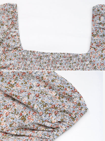 Boho-Chic Square Neck Puff Sleeve Floral Wide Leg Beach Jumpsuits