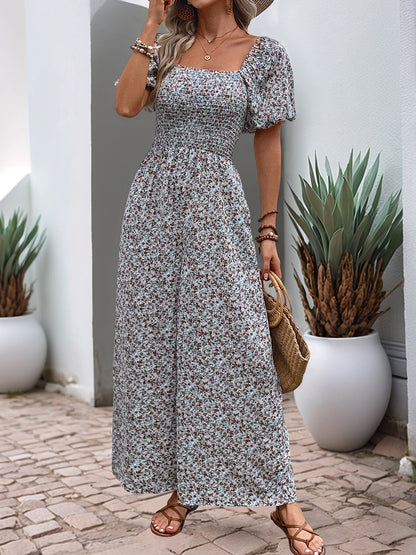 Boho-Chic Square Neck Puff Sleeve Floral Wide Leg Beach Jumpsuits