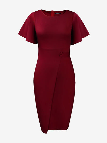 Elegant Flutter Ruffles Short Sleeves Solid Color Midi Slim Sheath Office Dress