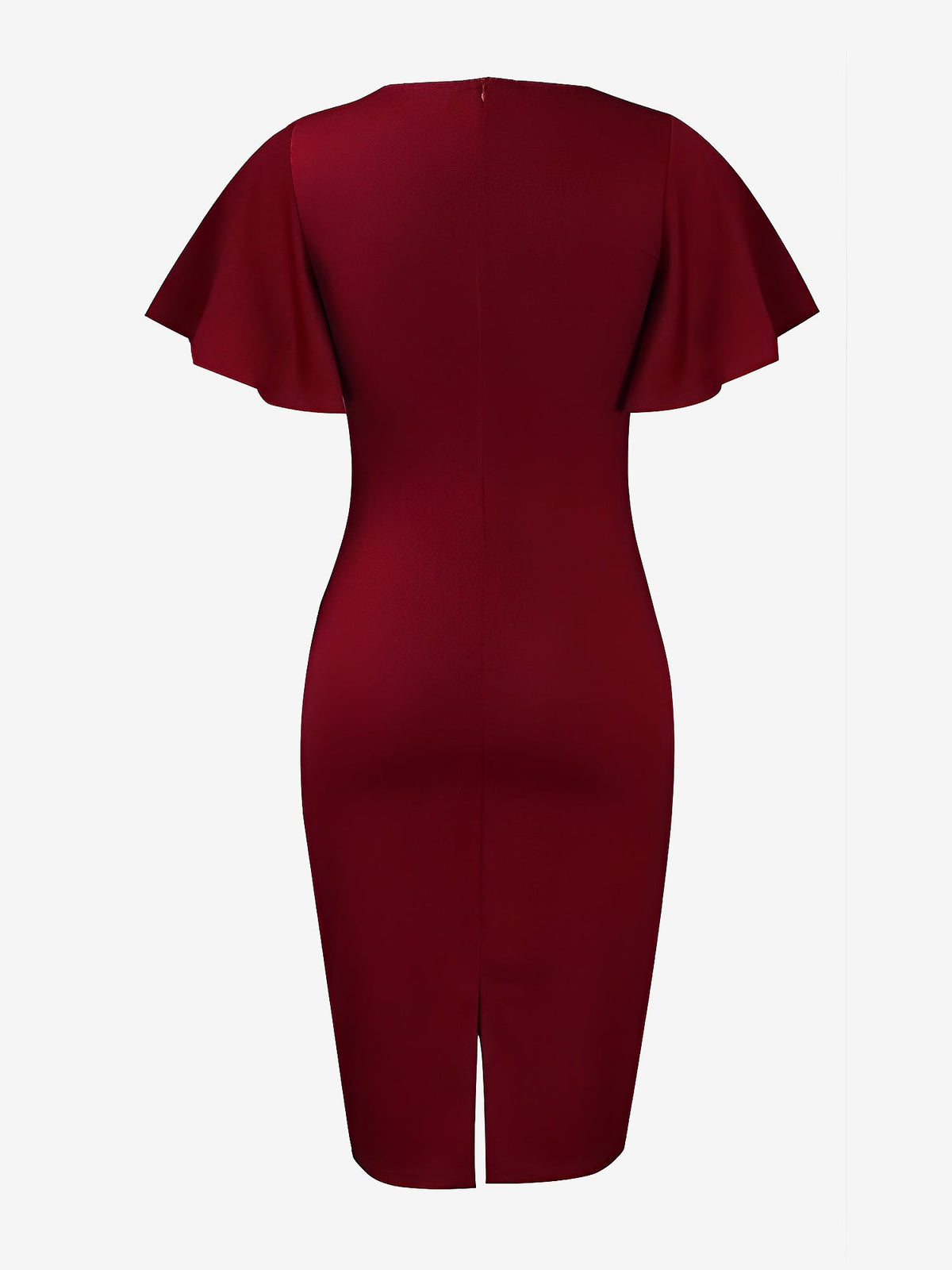 Elegant Flutter Ruffles Short Sleeves Solid Color Midi Slim Sheath Office Dress
