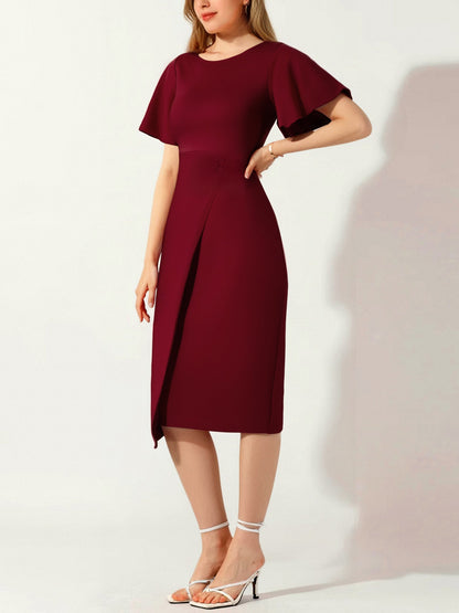 Elegant Flutter Ruffles Short Sleeves Solid Color Midi Slim Sheath Office Dress