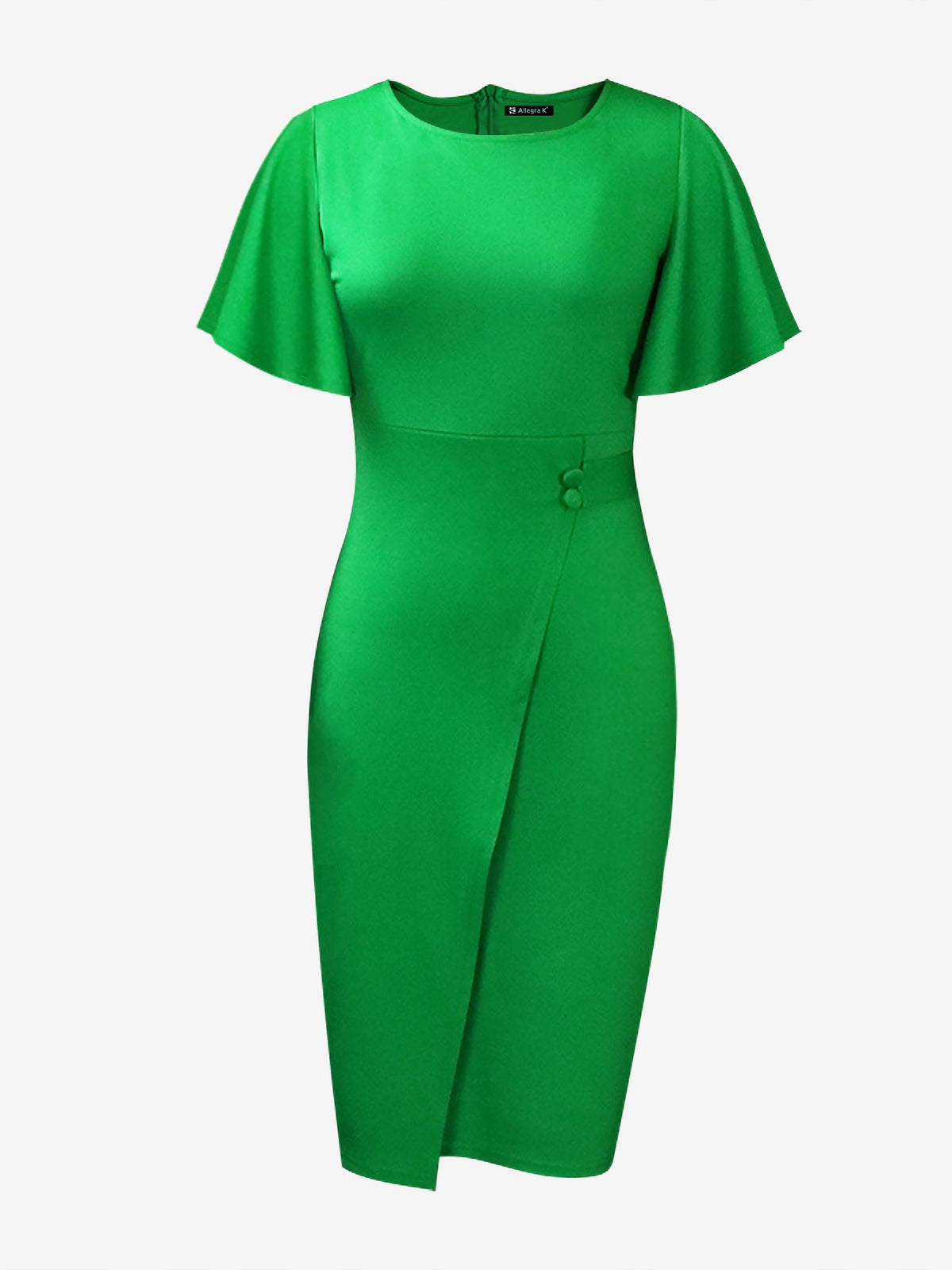 Elegant Flutter Ruffles Short Sleeves Solid Color Midi Slim Sheath Office Dress