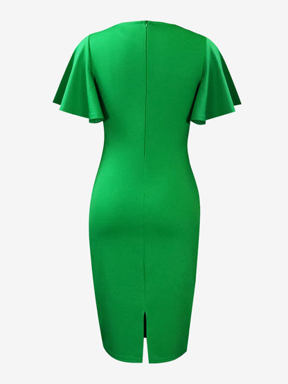 Elegant Flutter Ruffles Short Sleeves Solid Color Midi Slim Sheath Office Dress