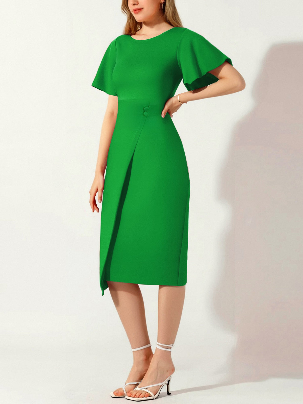 Elegant Flutter Ruffles Short Sleeves Solid Color Midi Slim Sheath Office Dress