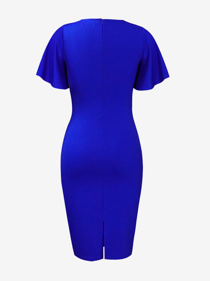Elegant Flutter Ruffles Short Sleeves Solid Color Midi Slim Sheath Office Dress