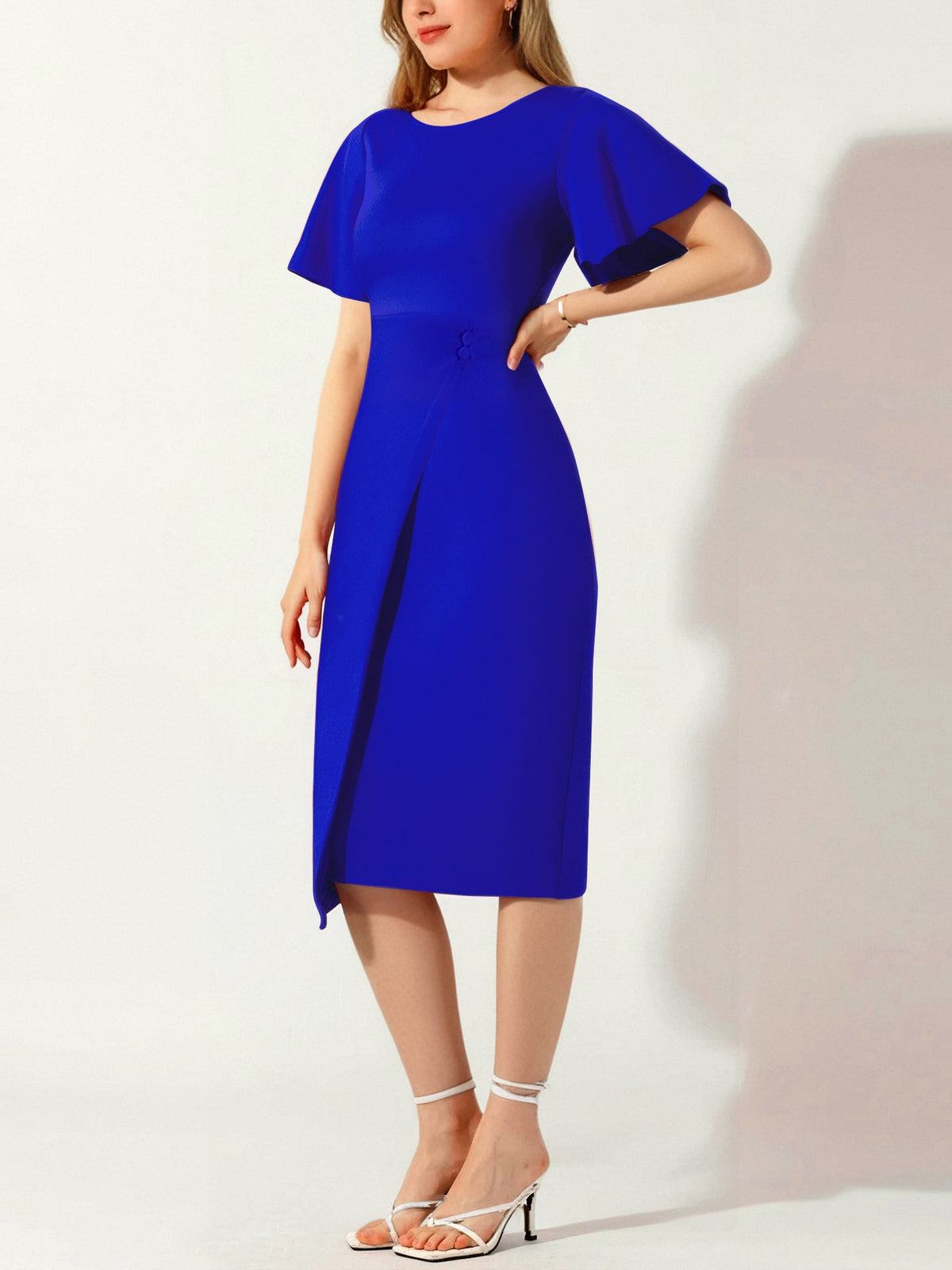 Elegant Flutter Ruffles Short Sleeves Solid Color Midi Slim Sheath Office Dress