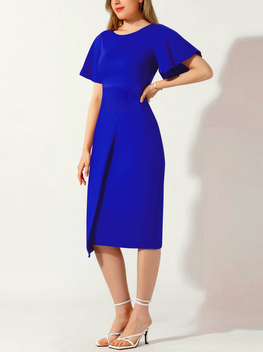 Elegant Flutter Ruffles Short Sleeves Solid Color Midi Slim Sheath Office Dress