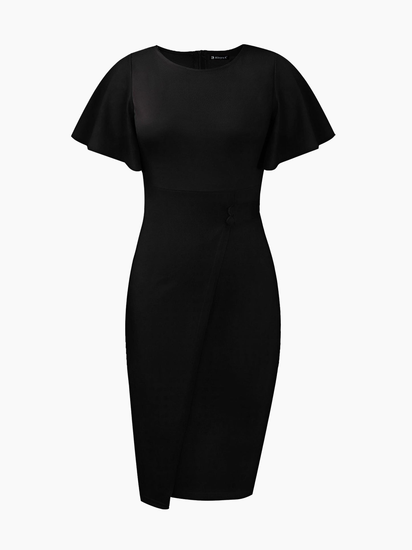 Elegant Flutter Ruffles Short Sleeves Solid Color Midi Slim Sheath Office Dress