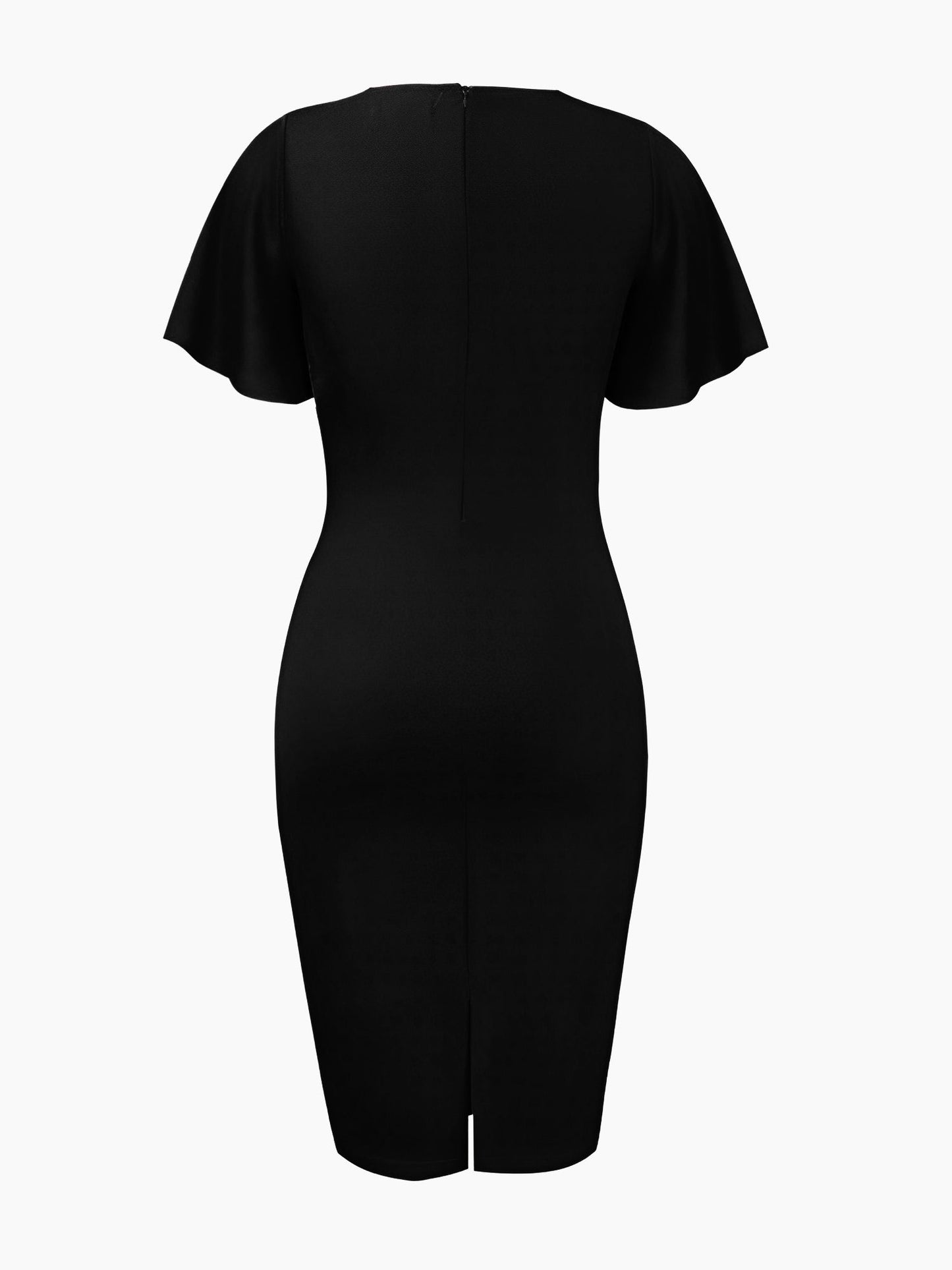 Elegant Flutter Ruffles Short Sleeves Solid Color Midi Slim Sheath Office Dress