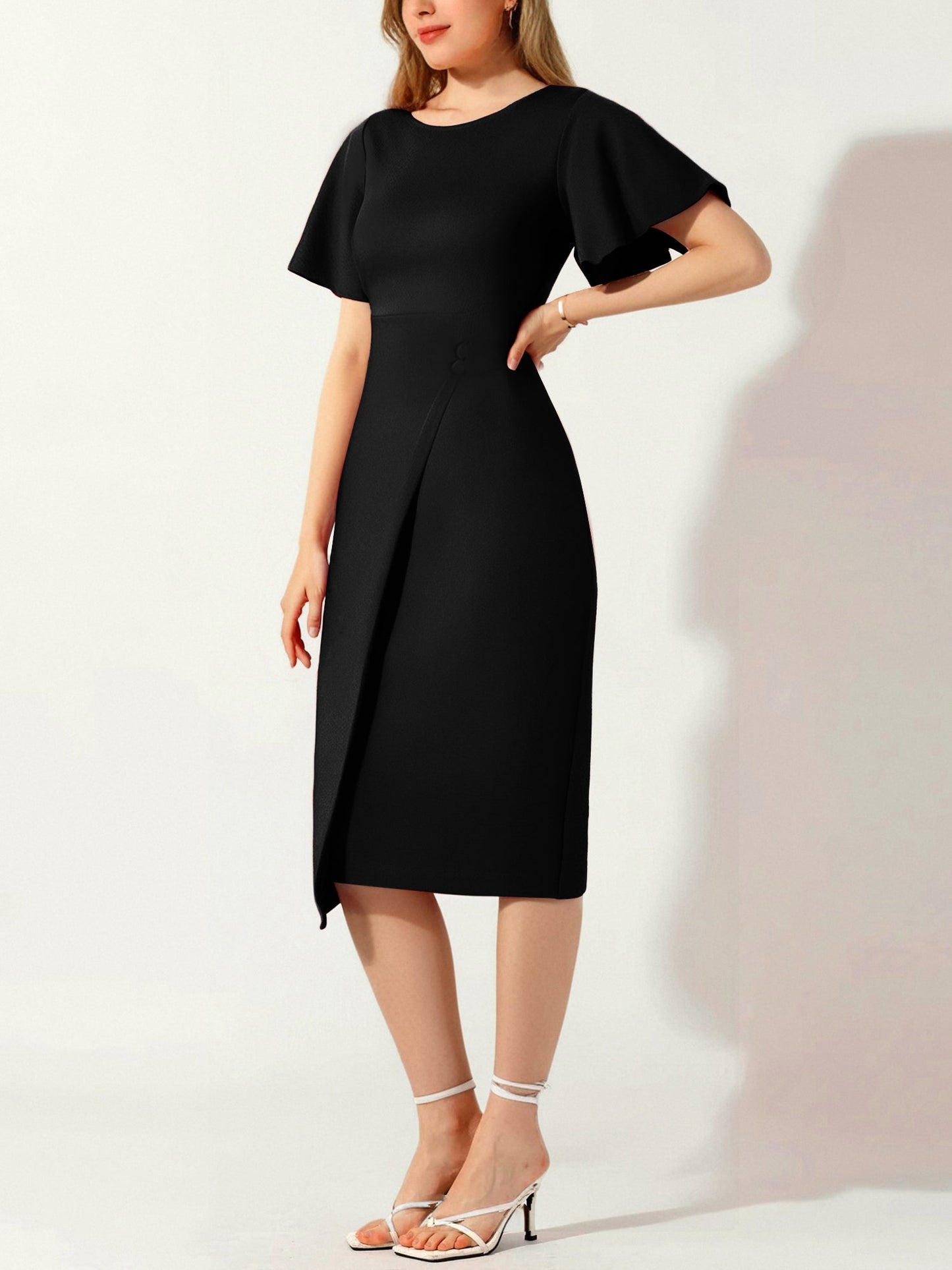 Elegant Flutter Ruffles Short Sleeves Solid Color Midi Slim Sheath Office Dress