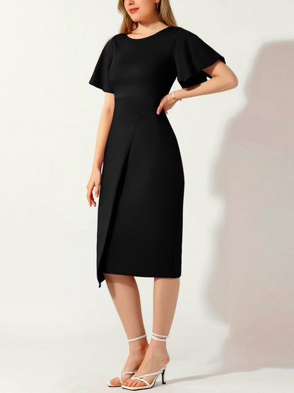 Elegant Flutter Ruffles Short Sleeves Solid Color Midi Slim Sheath Office Dress