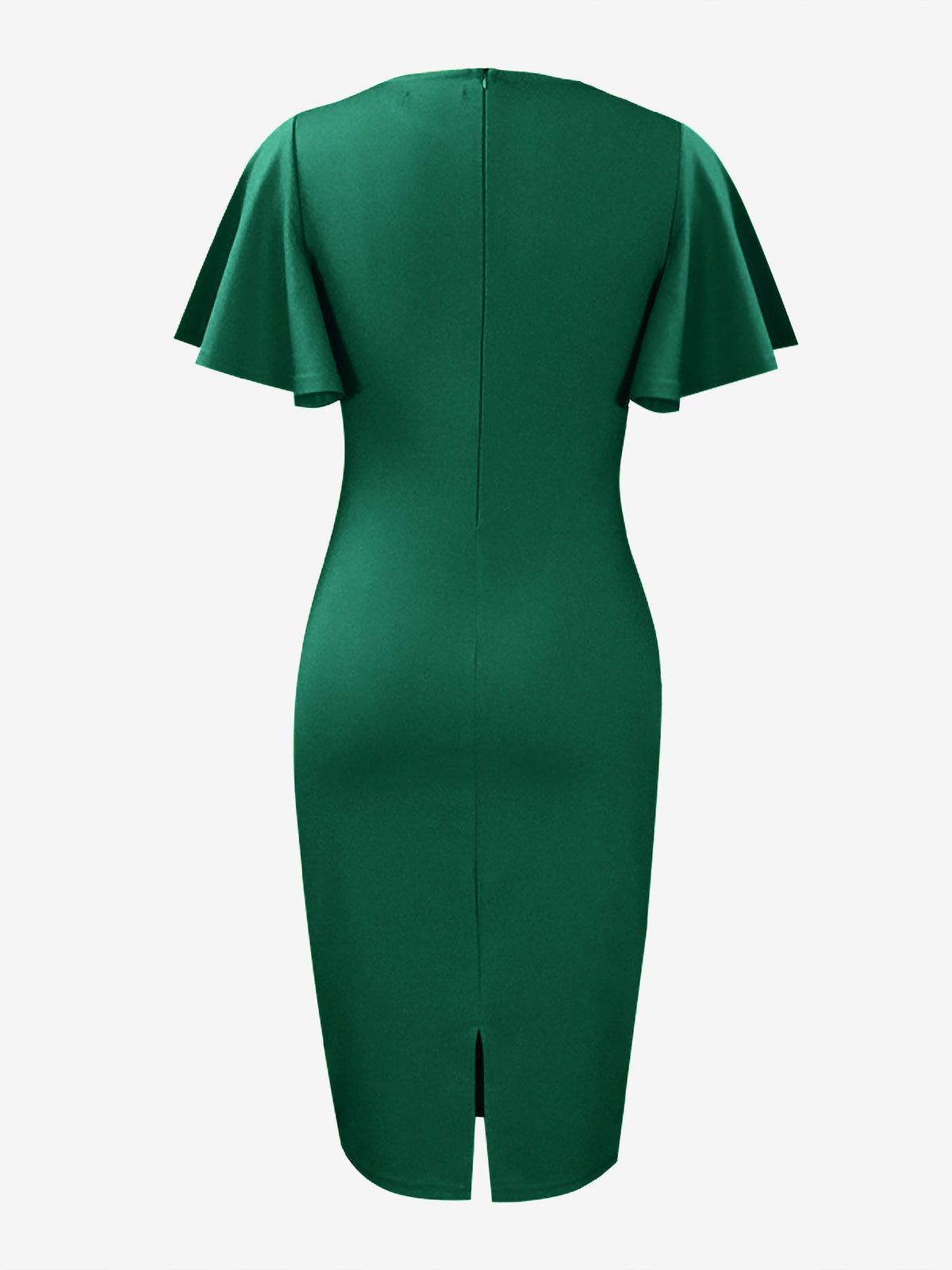 Elegant Flutter Ruffles Short Sleeves Solid Color Midi Slim Sheath Office Dress