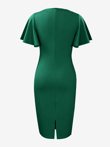 Elegant Flutter Ruffles Short Sleeves Solid Color Midi Slim Sheath Office Dress