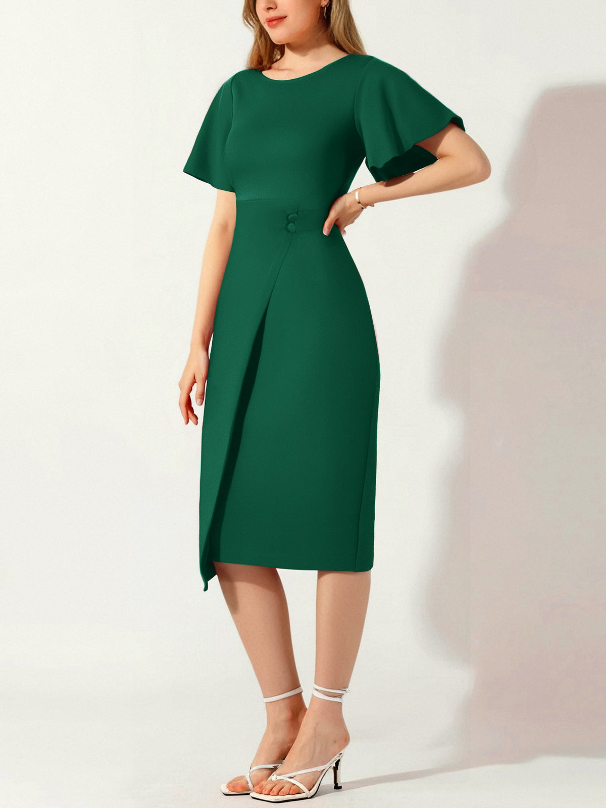 Elegant Flutter Ruffles Short Sleeves Solid Color Midi Slim Sheath Office Dress