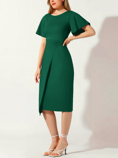 Elegant Flutter Ruffles Short Sleeves Solid Color Midi Slim Sheath Office Dress