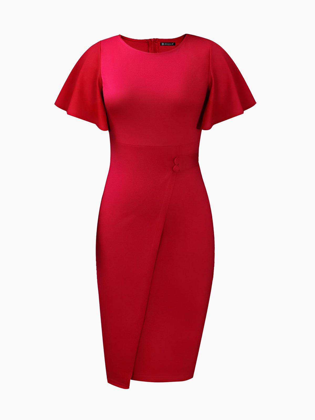 Elegant Flutter Ruffles Short Sleeves Solid Color Midi Slim Sheath Office Dress
