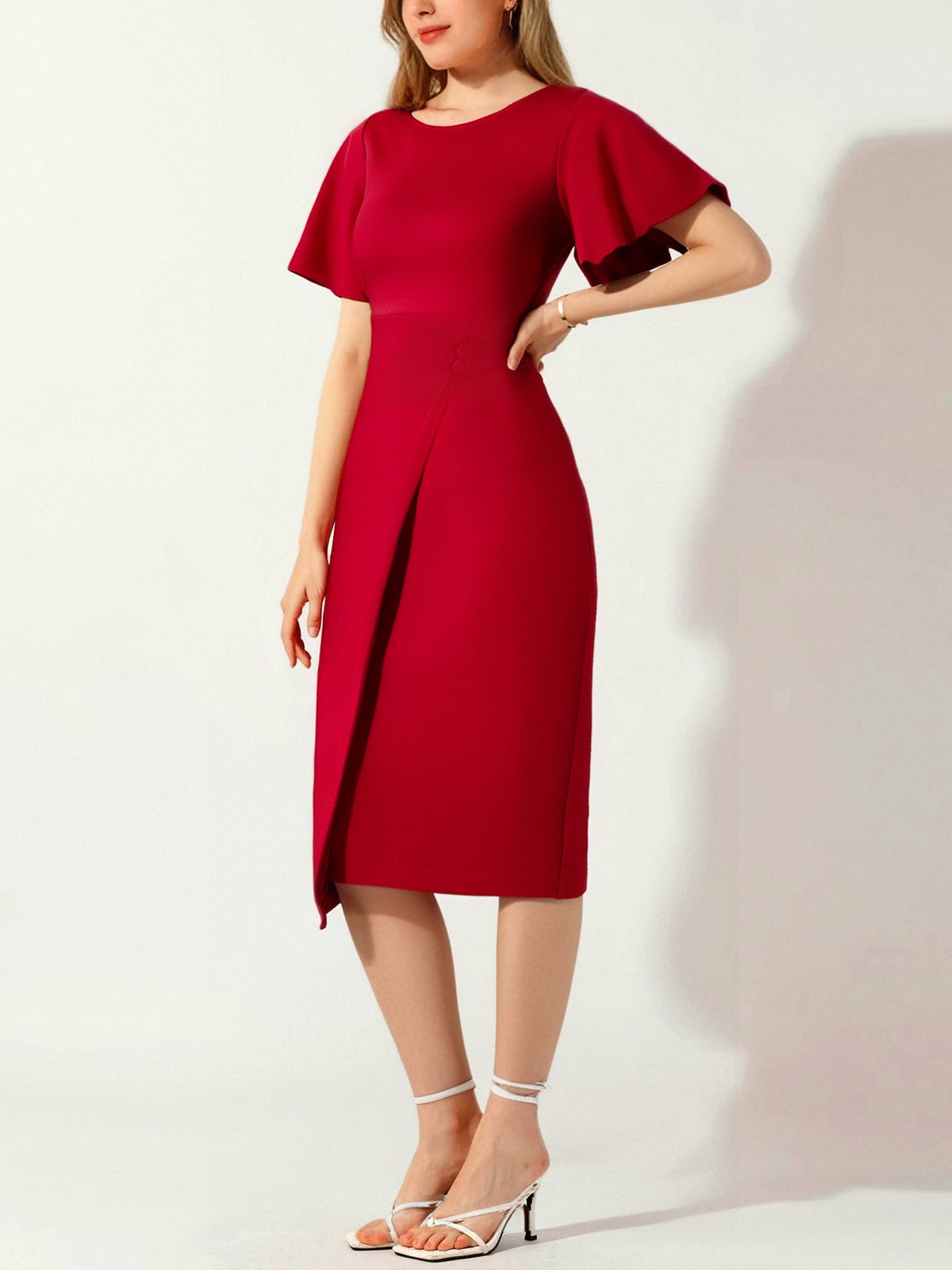 Elegant Flutter Ruffles Short Sleeves Solid Color Midi Slim Sheath Office Dress