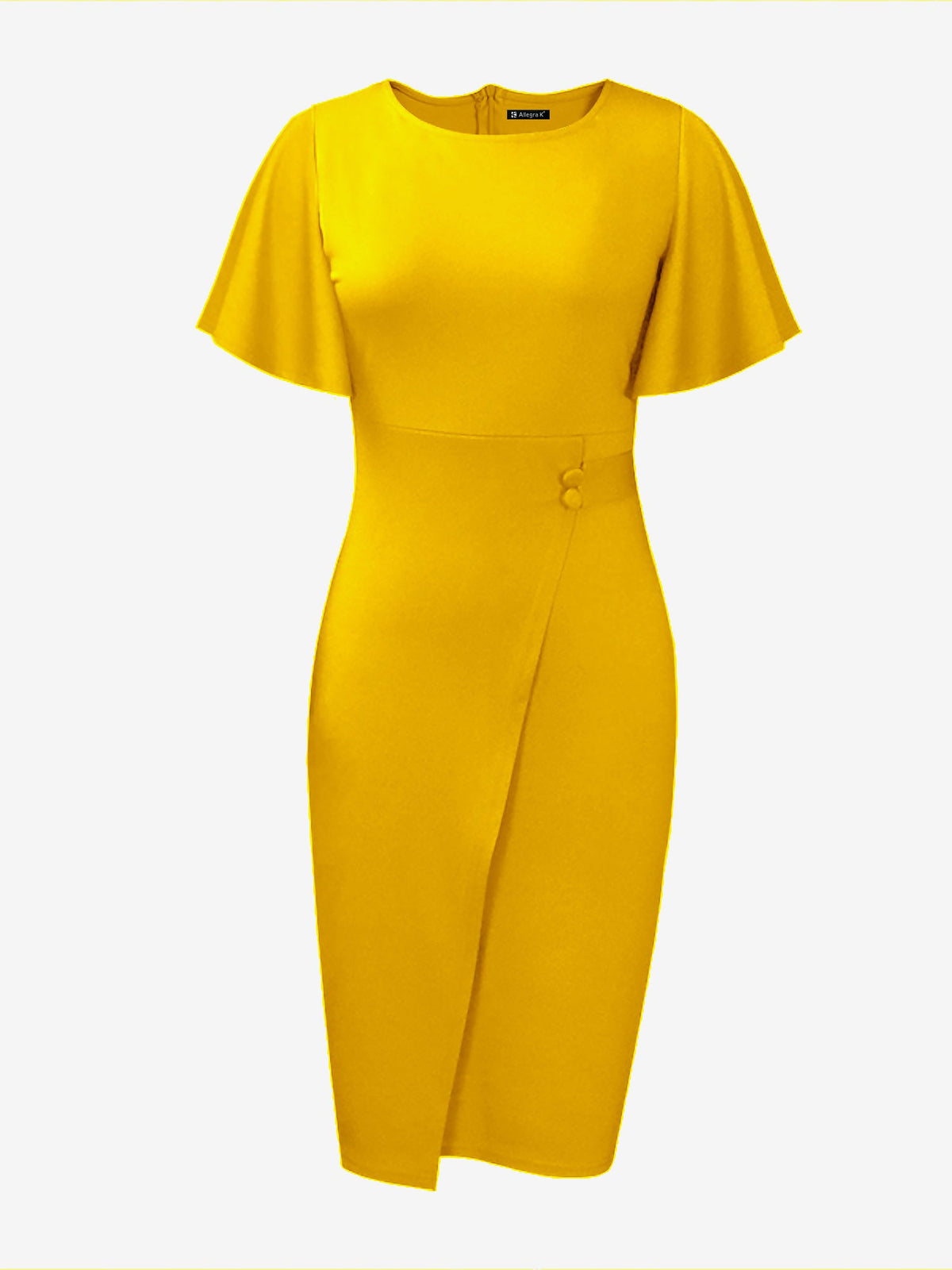 Elegant Flutter Ruffles Short Sleeves Solid Color Midi Slim Sheath Office Dress