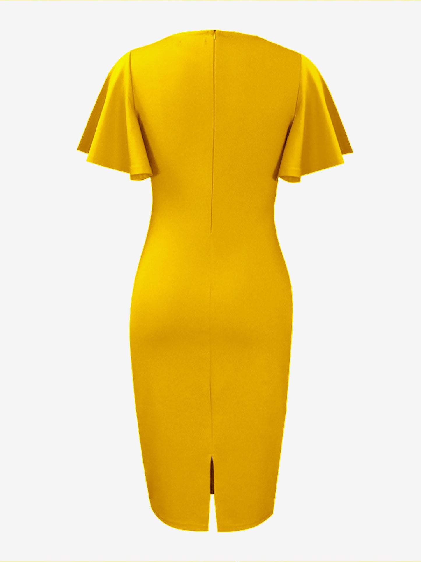 Elegant Flutter Ruffles Short Sleeves Solid Color Midi Slim Sheath Office Dress