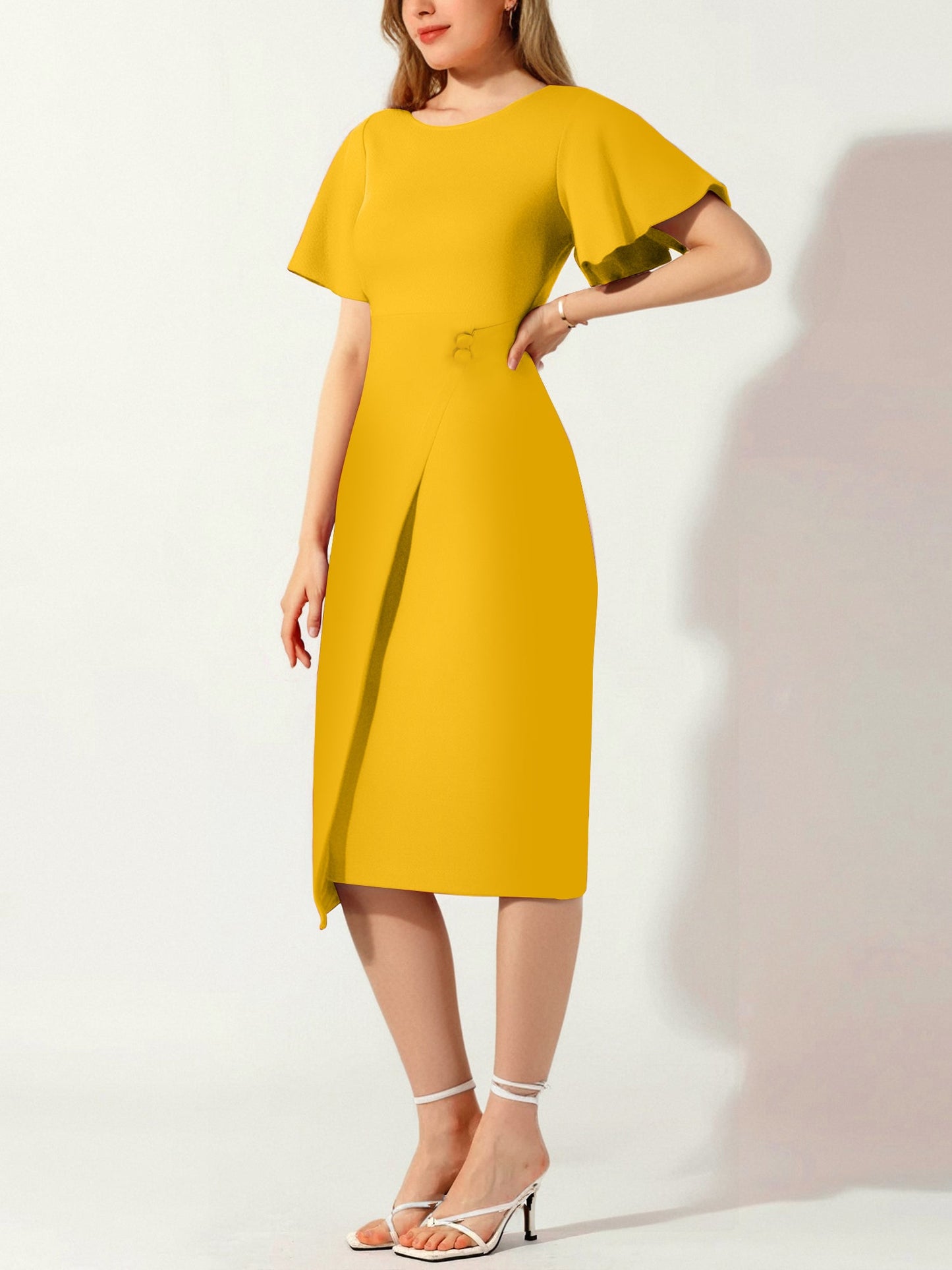 Elegant Flutter Ruffles Short Sleeves Solid Color Midi Slim Sheath Office Dress