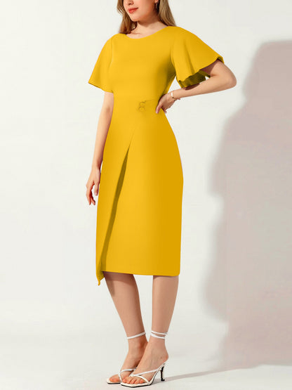 Elegant Flutter Ruffles Short Sleeves Solid Color Midi Slim Sheath Office Dress