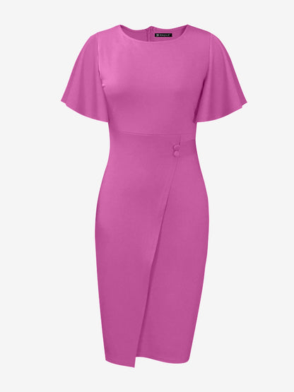Elegant Flutter Ruffles Short Sleeves Solid Color Midi Slim Sheath Office Dress