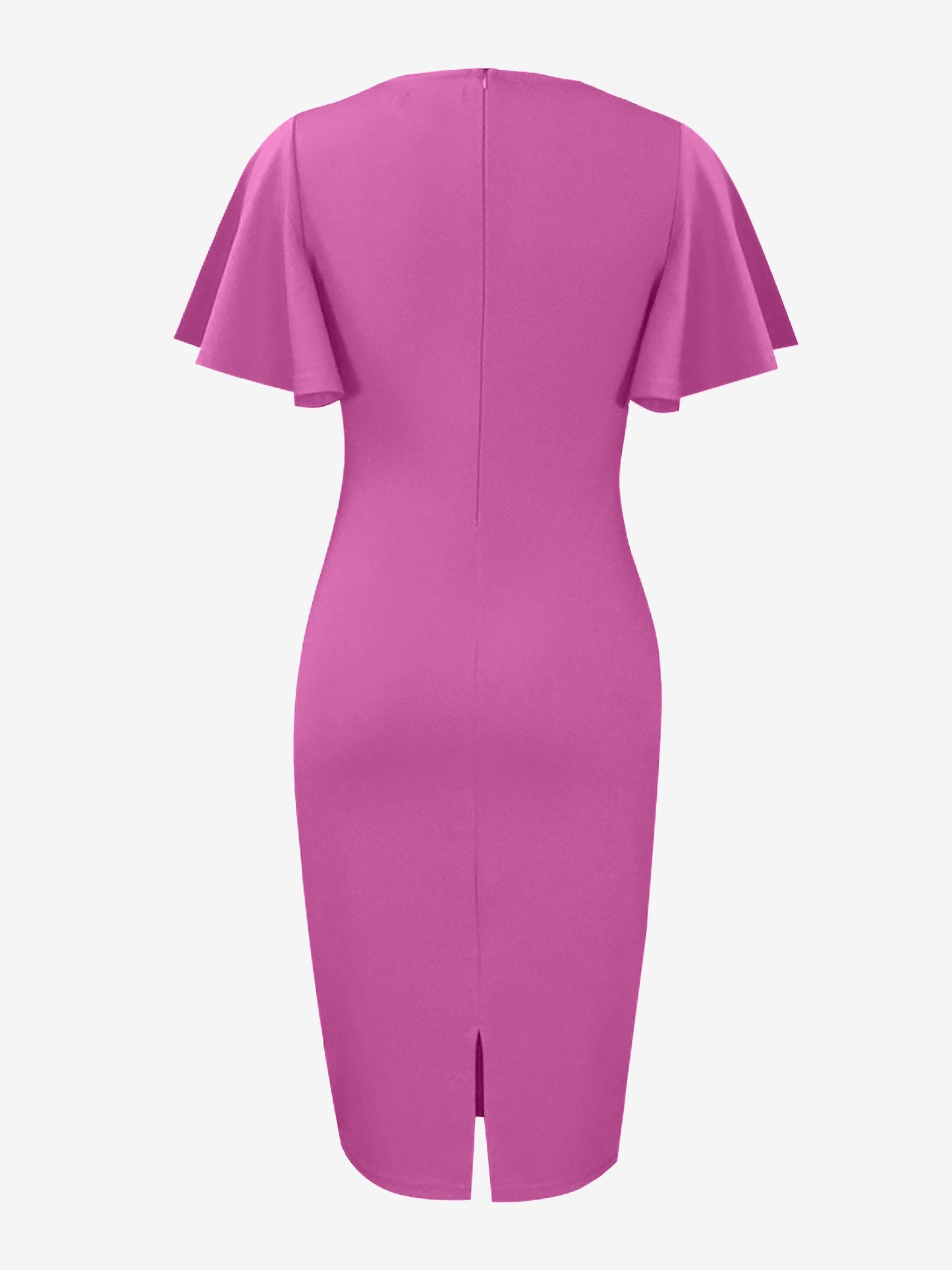 Elegant Flutter Ruffles Short Sleeves Solid Color Midi Slim Sheath Office Dress