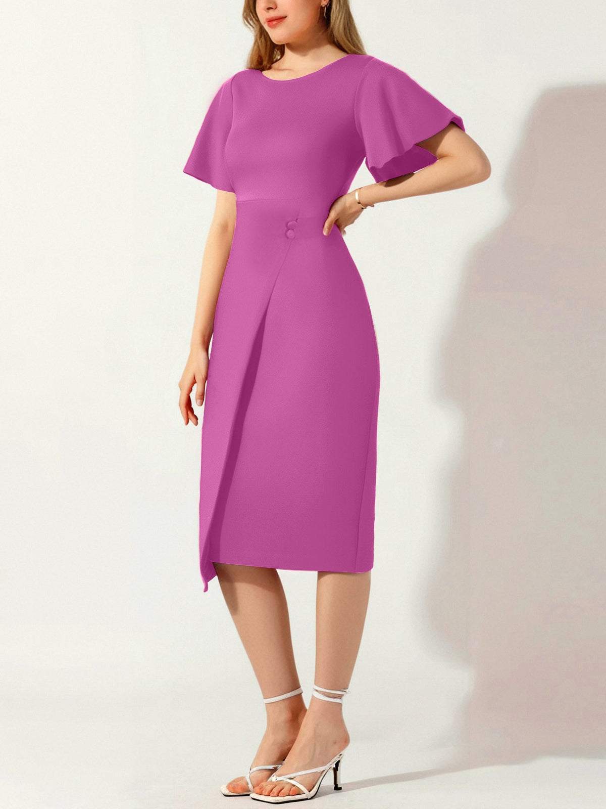 Elegant Flutter Ruffles Short Sleeves Solid Color Midi Slim Sheath Office Dress