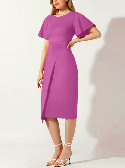 Elegant Flutter Ruffles Short Sleeves Solid Color Midi Slim Sheath Office Dress