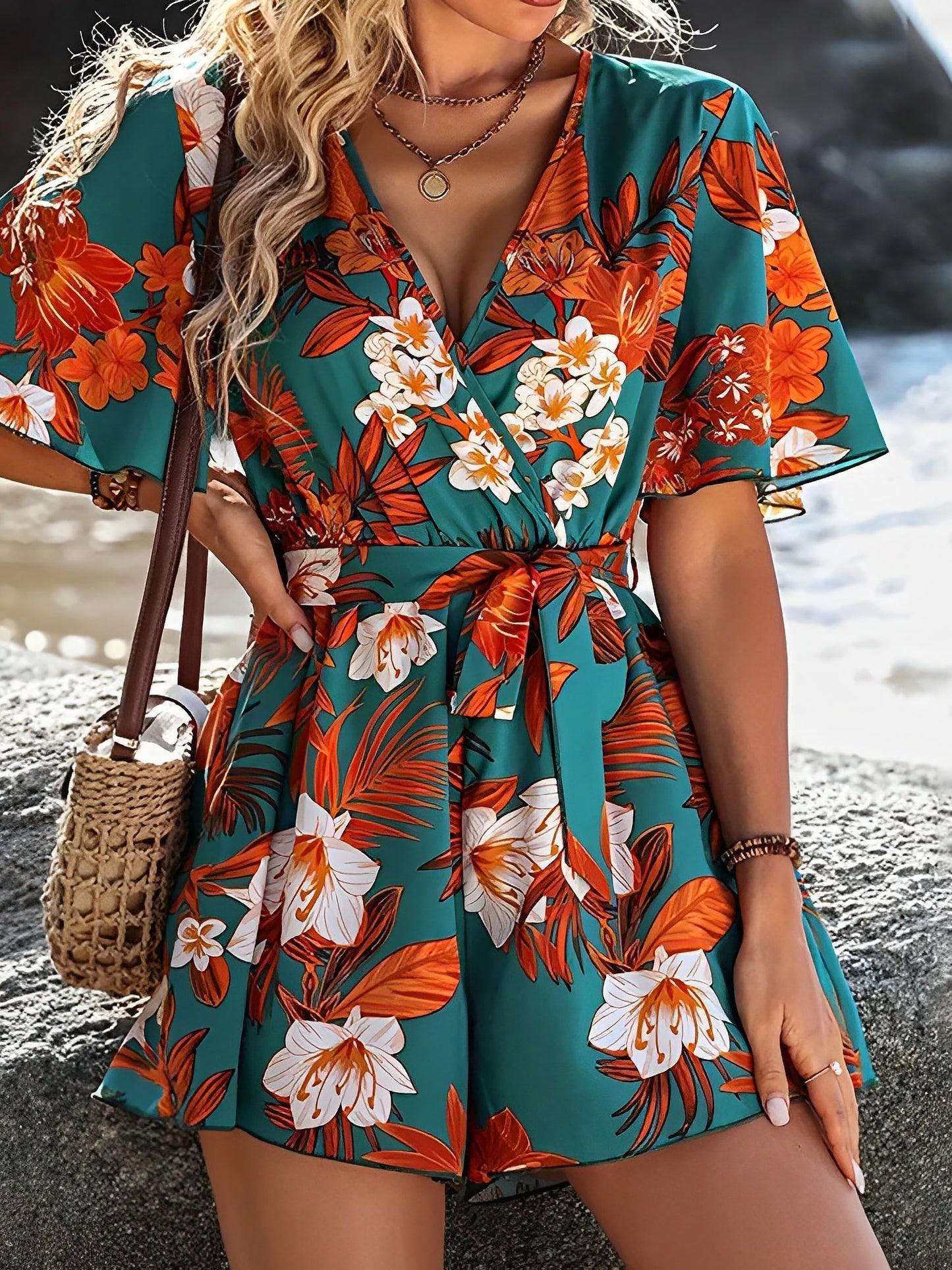 Floral Short Sleeves V Neck Tie Waist Beach Rompers