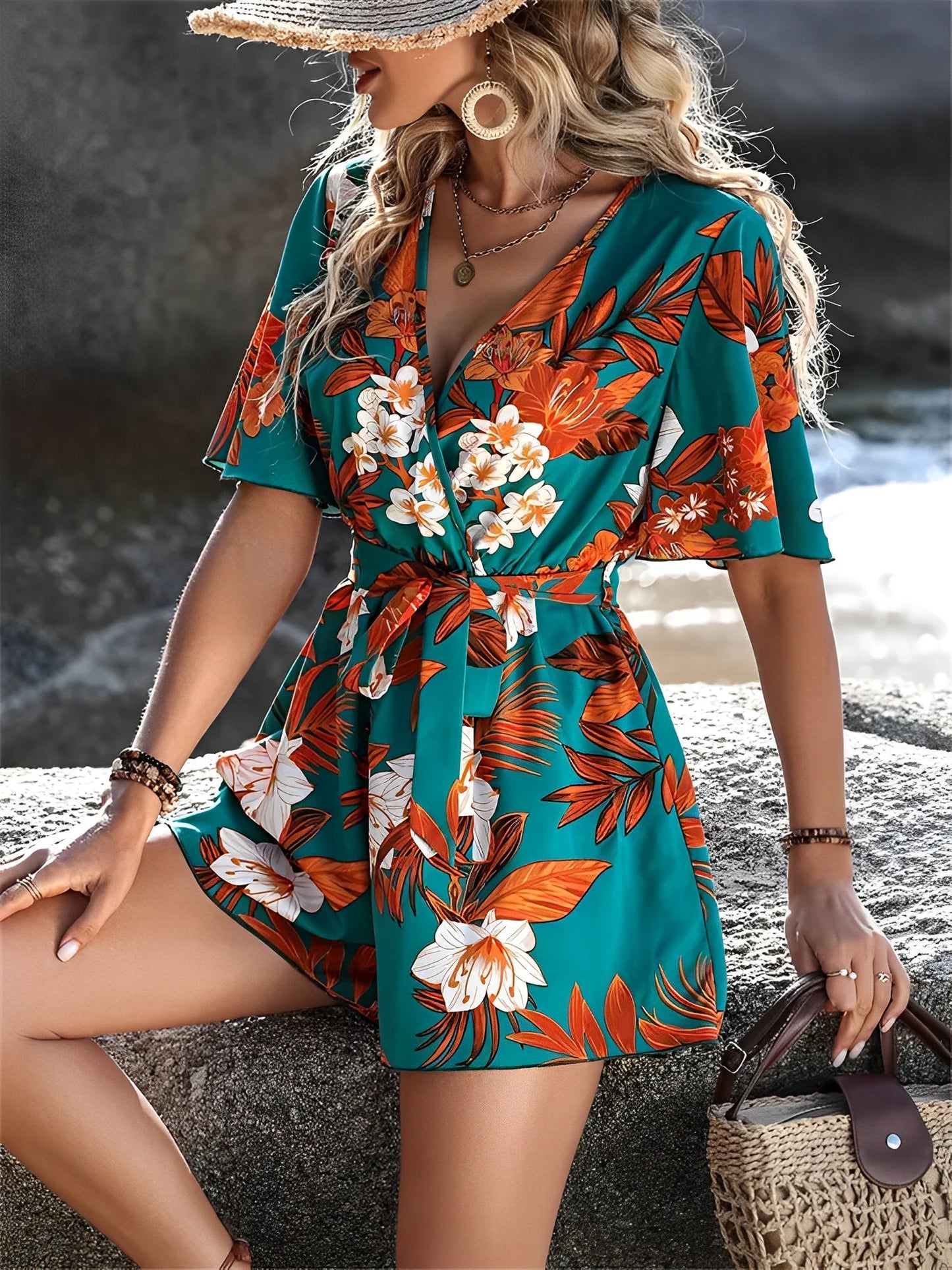 Floral Short Sleeves V Neck Tie Waist Beach Rompers