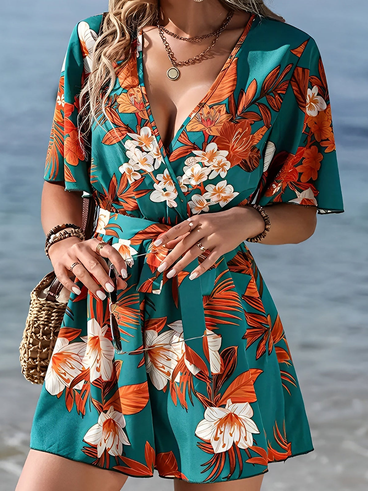 Floral Short Sleeves V Neck Tie Waist Beach Rompers